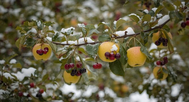 Late autumn snow scene showing yellow apples and wild berries on apple tree branches