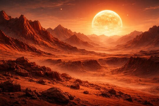 realistic science fiction depiction of a red planet desert with orange mountain ranges and sun