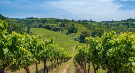 Fototapeta premium Vineyard-covered hills with rich greenery and ripe grapes