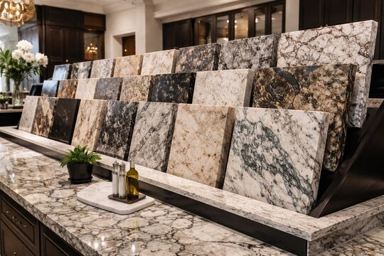 Elegant granite kitchen countertop samples arranged in a showroom display