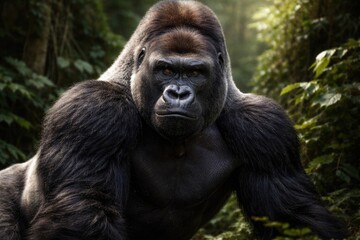 Obraz premium Portrait of a dominant silverback gorilla showing strength in natural habitat
