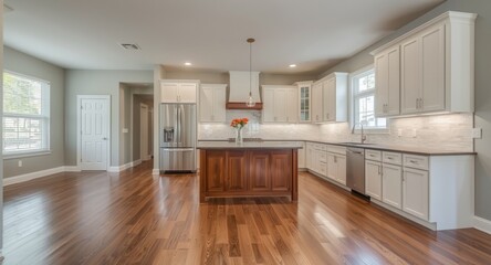 Fototapeta premium Freshly constructed home kitchen with polished hardwood floors, central island, and stylish cabinets