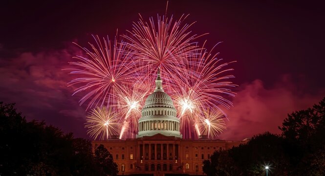 Colorful explosions lighting up the sky above a grand government dome