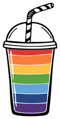 Obraz premium Colorful rainbow striped drink in a clear plastic cup with a straw and lid