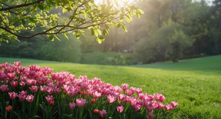 Fototapeta premium Lush spring flowers thriving in the natural park with warm morning sunlight