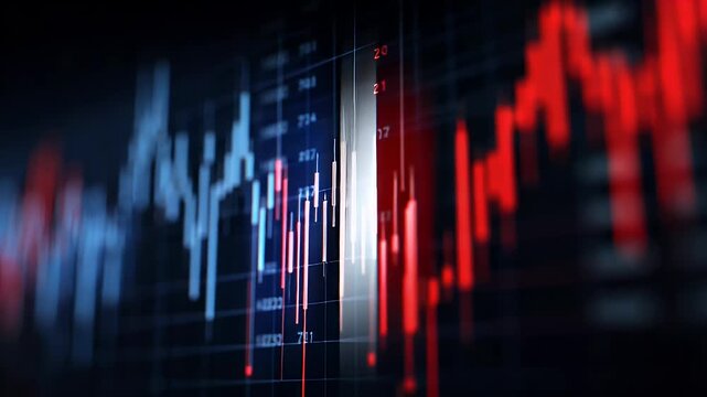 Dynamic financial stock market chart with French flag overlay showing red downward trend and blue upward trend with data streams for analysis.