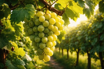 Fototapeta premium Grape Cluster Hanging in Lush Vineyard Foliage at Sunset