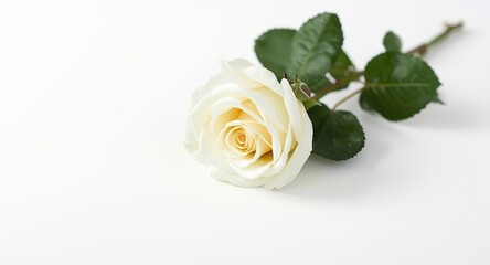 Fototapeta premium White rose flower placed on a high key white surface with subtle depth