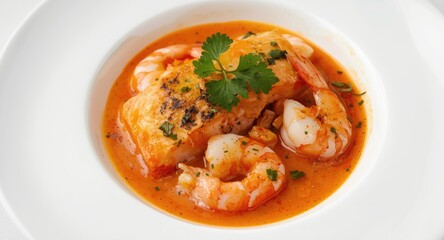 Fototapeta premium Tasty bouillabaisse with salmon and shrimp in a clean white plate setting