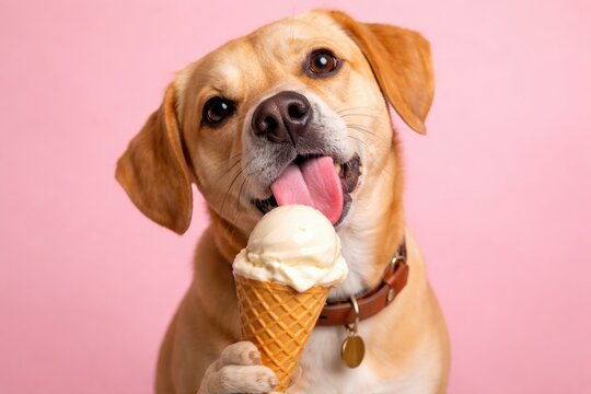 Happy fawn colored dog licking ice cream cone on soft pink backdrop
