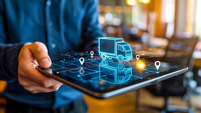 Person using tablet with digital logistics icons representing smart delivery tracking and supply chain technology