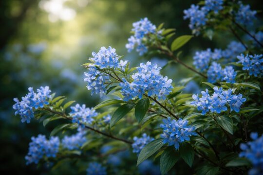 Vibrant blue dogbane flowers blossoming with lush green leaves and slender branches in a serene natural setting