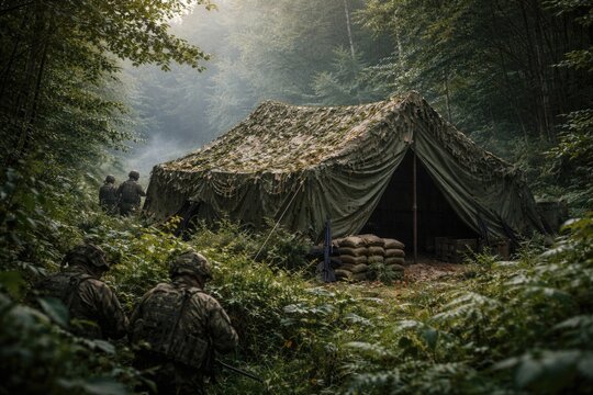 Camouflaged army tent amidst thick greenery offering cover for troops in wilderness