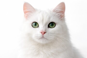 Fototapeta premium Adorable white cat with green eyes in a charming full face portrait on a clean white backdrop