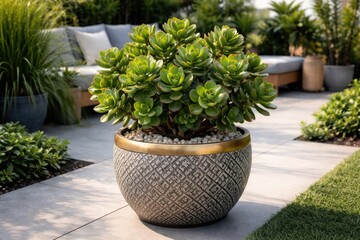 Fototapeta premium Lush crassula succulent in a decorative planter ideal for contemporary terrace garden decor
