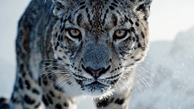 A close-up, intense portrait of a snow leopard's face with its distinctive spotted fur and piercing eyes.