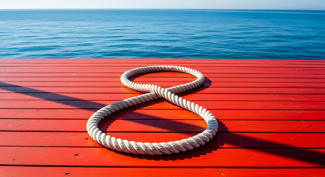 A white rope tied in a figure-eight knot resting on a vibrant red wooden pier with calm blue water in the background.