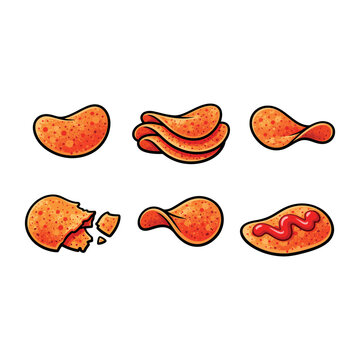 Ketchup Chips Illustration Crispy Snack Vector Set Crispy Ketchup Chips with Seasoning Junk Food Illustration Delicious Ketchup Potato Chips Vector Spicy Potato Chips Illustration 