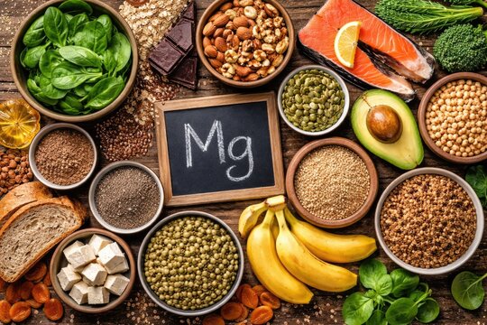 Top view of various foods rich in magnesium content