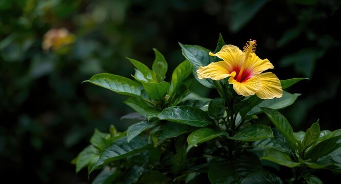 Vibrant yellow hibiscus blossoms emerging from rich green leaves in a garden setting