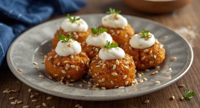 Savory sweet potato bites with salak seeds and tapioca flour garnished with coconut cream