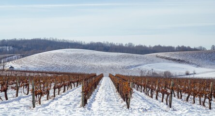 Fototapeta premium Wintertime vineyard landscape with snow covering rolling hills