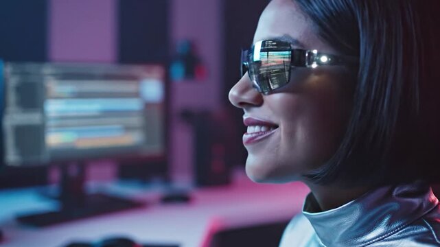 A person wearing futuristic augmented reality glasses is looking at a computer screen with colorful graphics in a dimly lit room