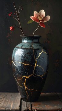 A beautiful cracked vase with gold repair lines holds a flower