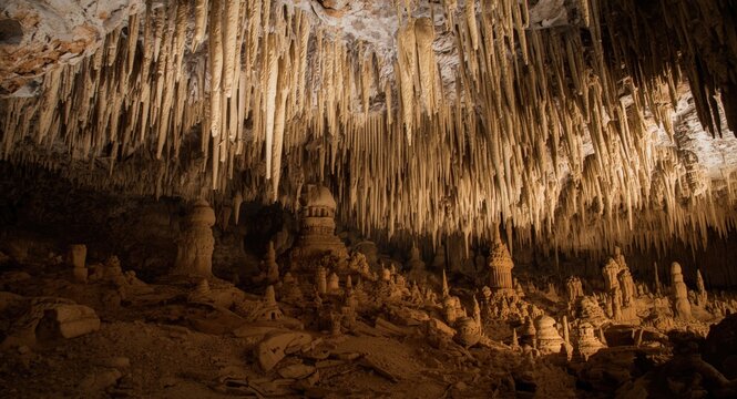 Uneven dripstone formation inside a natural cave with stalactites