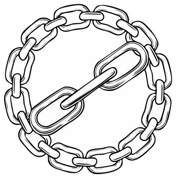 Illustration of metal chain links in a circular shape symbolizing a broken link for freedom or release concept.