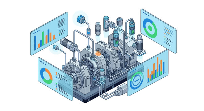 Isometric vector illustration depicting a machine sensor monitoring system with associated data visualizations, showcasing predictive maintenance in a modern manufacturing context
