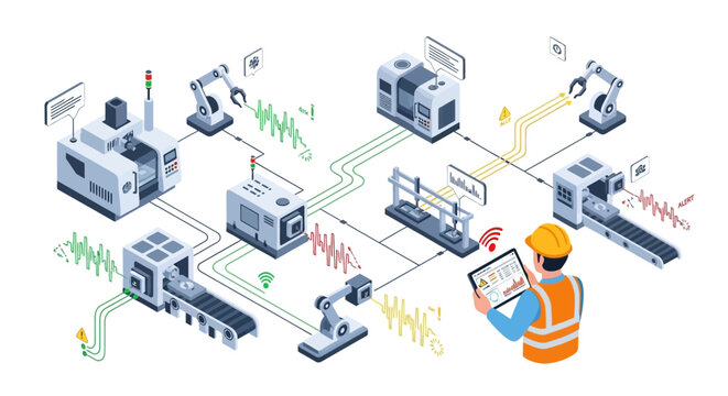 An illustration shows a worker in a hard hat using a tablet for a sensor monitoring system connected to automated machines in a manufacturing facility, depicted in a clean, isometric style
