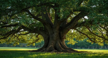 Fototapeta premium Three robust trees flourishing inside a massive rain tree stump under early sunlight