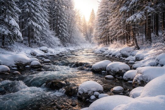 A peaceful river flowing through a snowy winter forest landscape