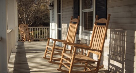 Obraz premium Sunny porch featuring rocking chairs made from natural wood and woven seats