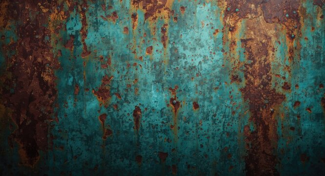Background design showcasing continuous rust and turquoise metal texture with grunge feel