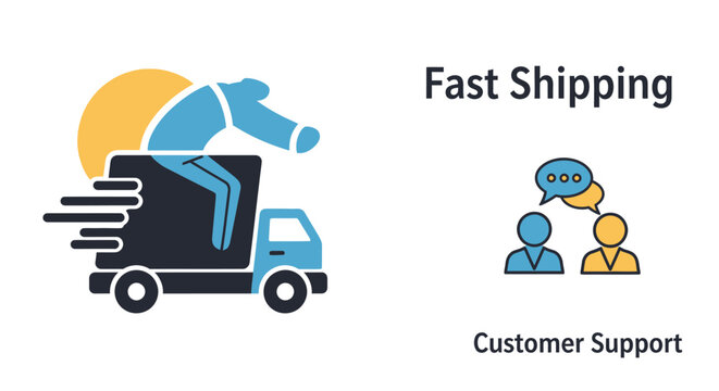 Delivery truck, fast shipping, customer support icons, logistics symbols, vector graphics