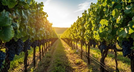 Fototapeta premium Sunlit vineyard with ripe purple grapes cascading from dense green vines and space for text