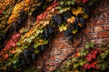 Fototapeta premium Wild grapes climbing a textured brick wall creating a vibrant autumn backdrop with rich green foliage