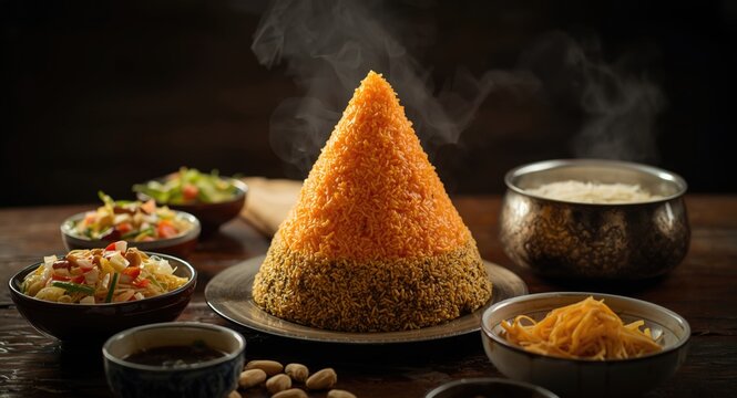 Traditional celebration with vibrant Nasi Tumpeng, urap urap salad, and noodles