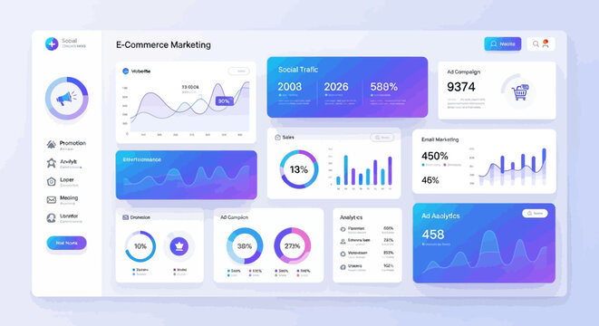 E-commerce marketing dashboard, infographic elements, vector graphs, charts and icons, business analytics, data visualization
