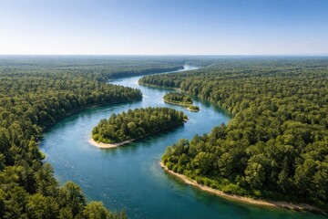 Obraz premium Aerial perspective of a twisting river surrounded by dense forested banks and vibrant green islands under a clear blue sky with copy space
