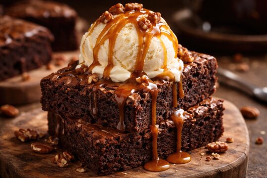 Close up of rich chocolate brownies with creamy ice cream and caramel drizzle on rustic wood