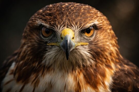 Detailed close up of a hawk head showcasing intense eyes and strong beak