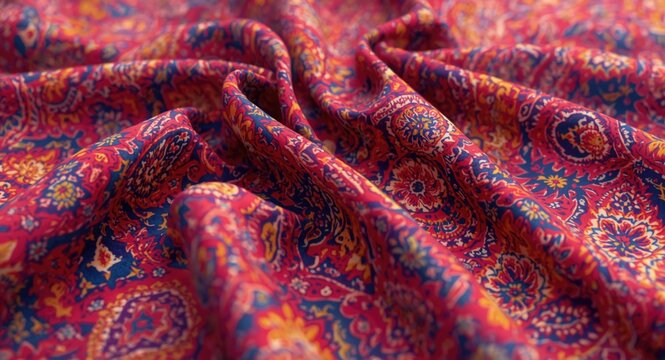 Vibrant 3D Ajrakh themed textile art with batik block print details and layered damask digital patterns plus wave blur