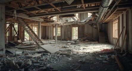Naklejka premium Severely impacted indoor space from natural catastrophe aftermath