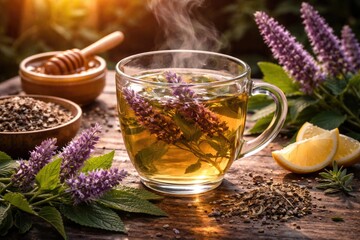 Fototapeta premium Healing herbal tea brewed from Agastache foeniculum for lung and stomach wellness