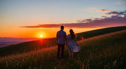 Fototapeta premium Couple watching romantic sunset together outdoors.
