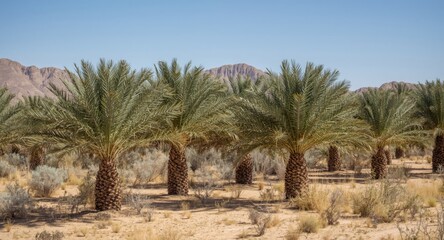 Fototapeta premium Toon art inspired agricultural date palm grove flourishing in arid semi desert