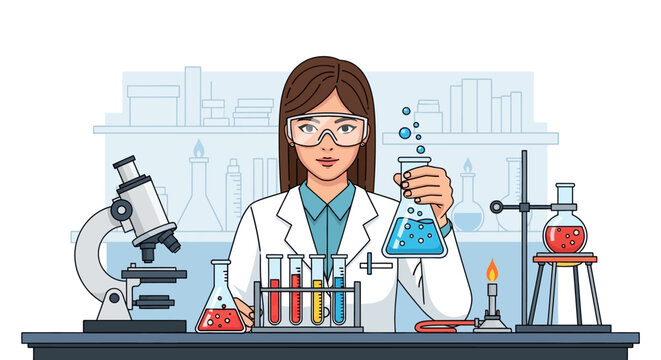 Female scientist in lab coat using microscope in laboratory setting